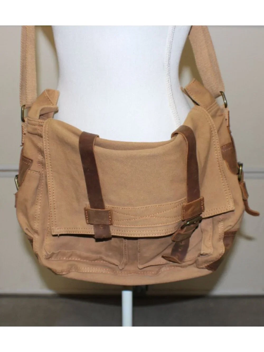 Augur Strauss & Co Canvas Messenger Bag Tan Buckle Flaps Adj Strap Utility Style